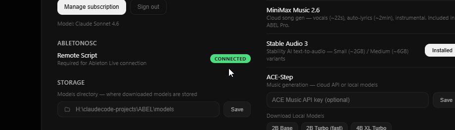 ABEL Settings AbletonOSC section showing the Connected pill