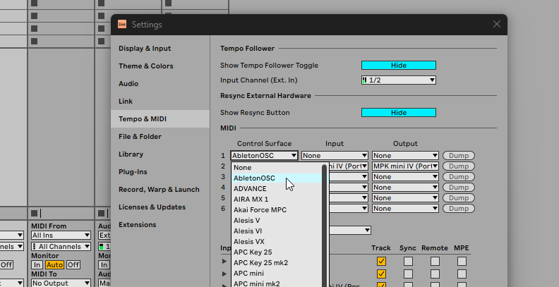 Live preferences MIDI tab with AbletonOSC selected as Control Surface